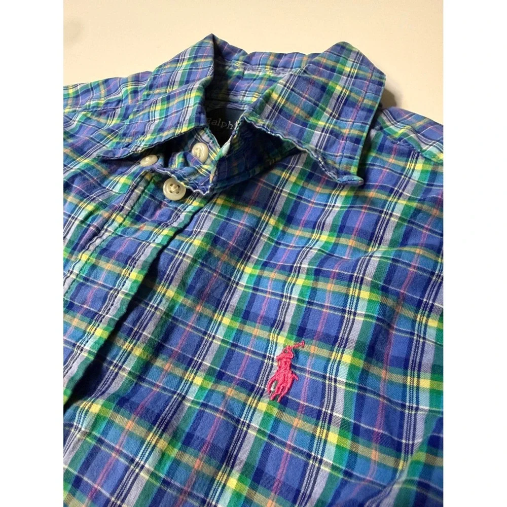 Ralph Lauren Toddler Boys Blue Green Plaid Button Down Shirt Pink Pony 2T
